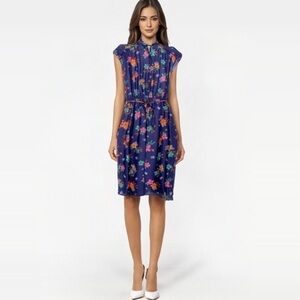 Vintage Grissom Lane Floral Sleeveless Tie Waist Midi Dress Navy Size M/L